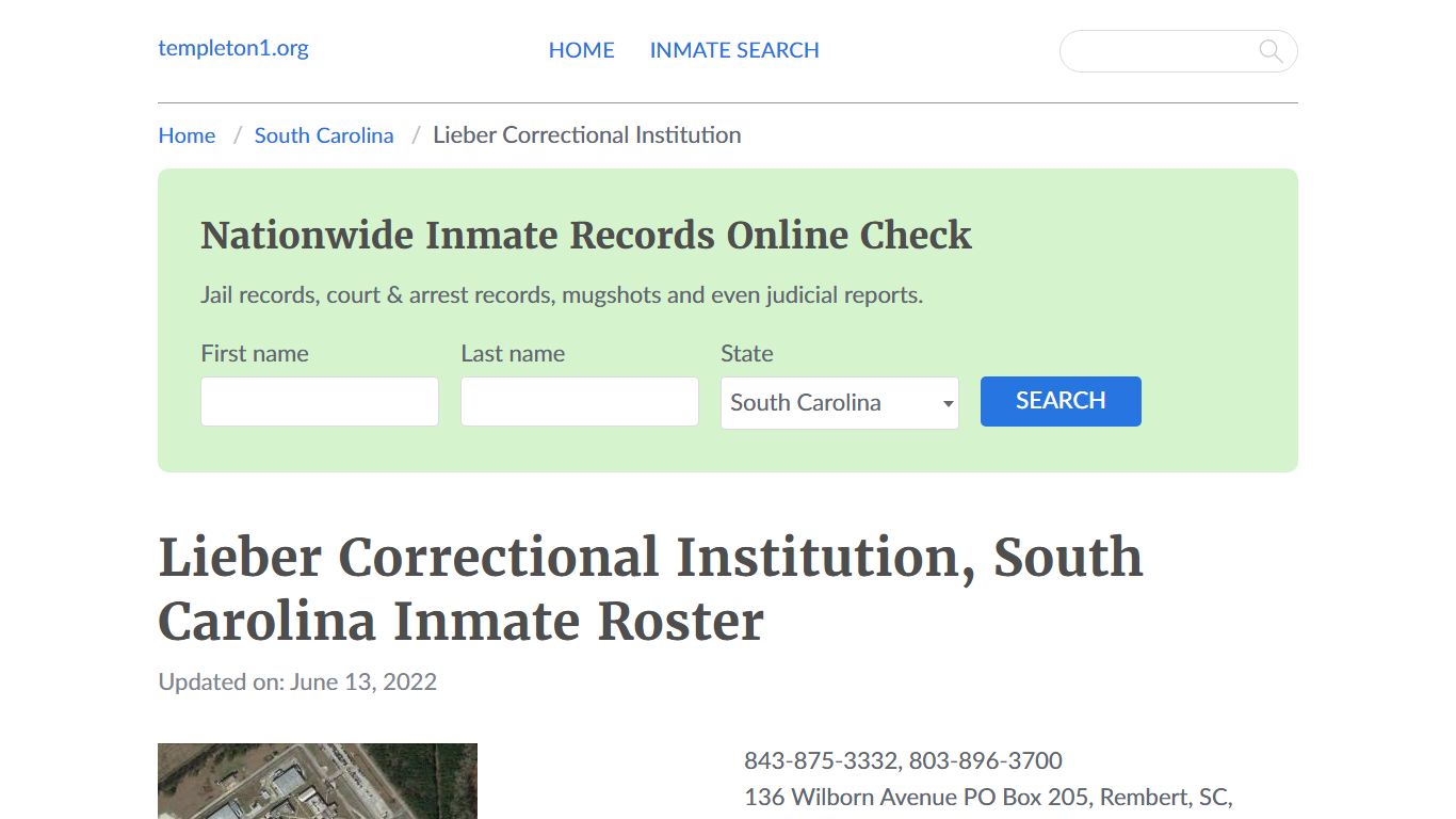 Lieber Correctional Institution, South Carolina Inmate Booking - Templeton