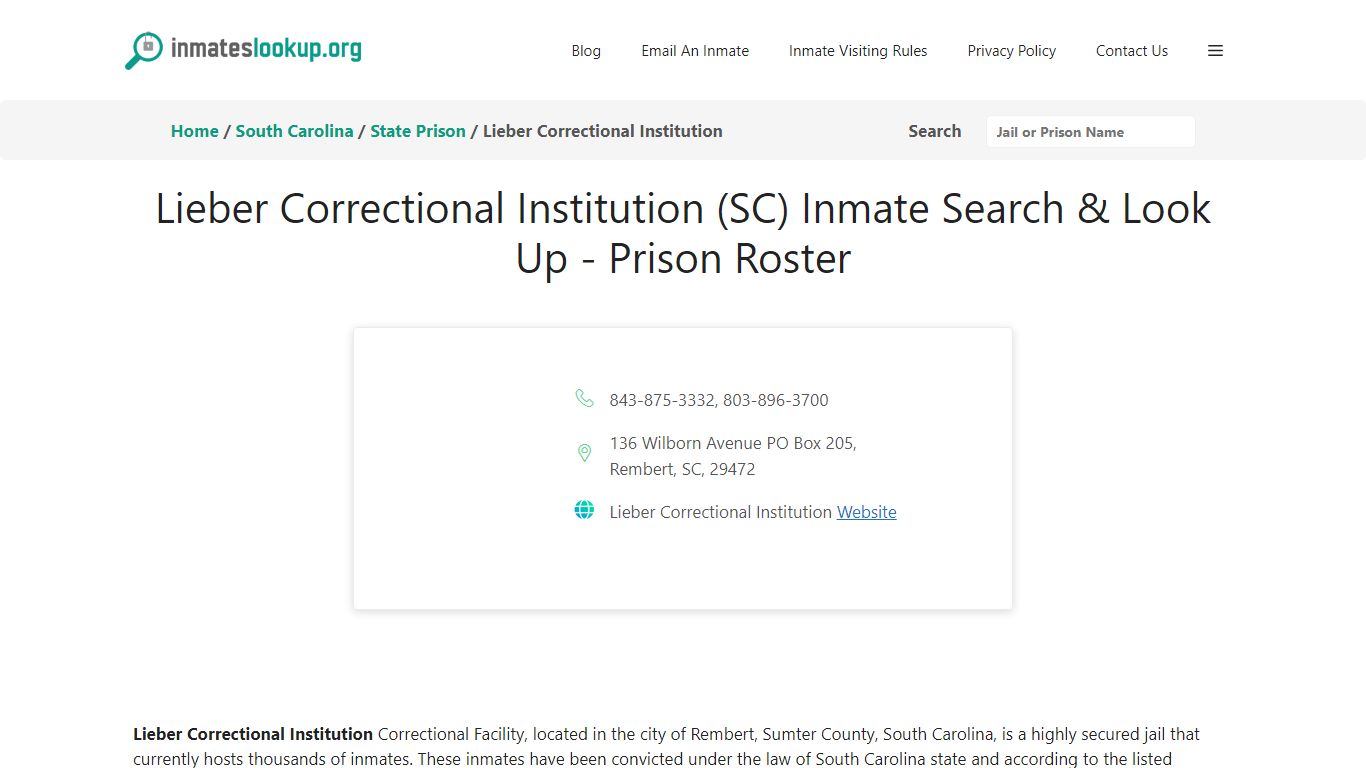 Lieber Correctional Institution (SC) Inmate Search & Look Up - Prison ...